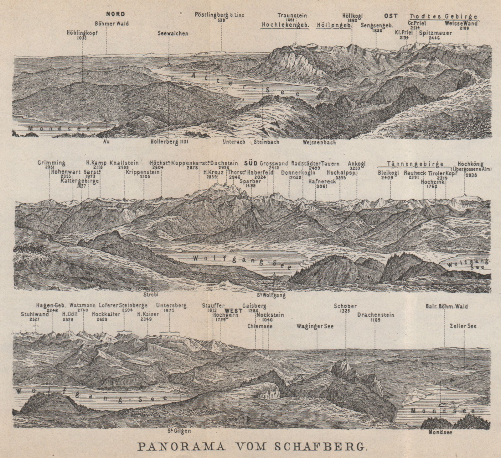 PANORAMA VOM SCHAFBERG, Salzkammergut. Austria Österreich karte 1929 old map